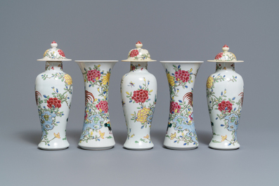 A famille rose-style five-piece garniture with roosters and chickens, Samson, Paris, 19th C.