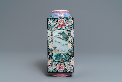 A Chinese famille rose millefleurs 'cong' vase, Qianlong mark, Republic, 20th C.