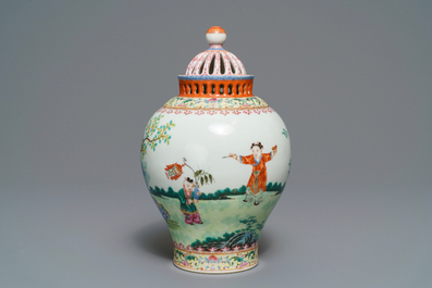 A reticulated Chinese famille rose 'Playing boys' vase, Jiaqing mark, Republic