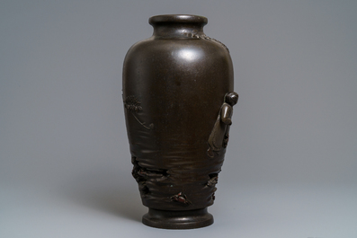 A large Japanese bronze vase with crab-fishing children, seal mark, Meiji, 19th C.