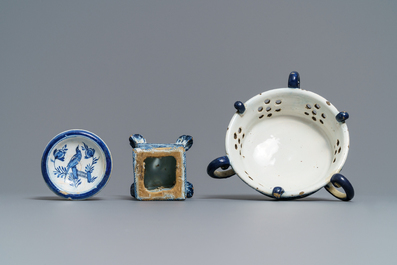 A Dutch Delft blue and white salt, a reticulated stand and a chafing dish, 18th C.