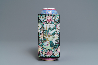 A Chinese famille rose millefleurs 'cong' vase, Qianlong mark, Republic, 20th C.