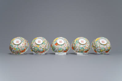 Five Chinese famille rose 'millefleurs' bowls, Qianlong mark, Republic, 20th C.