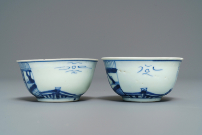 A pair of Chinese blue and white cups and saucers with figures, Ca Mau wreck, Yongzheng