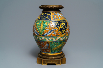 A bronze-mounted Italian maiolica pharmacy jar with a fine portrait, Faenza, 16th C.