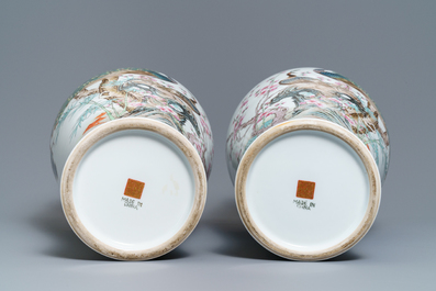 A pair of Chinese famille rose 'peacock' vases, Qianlong mark, Republic, 20th C.