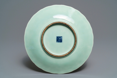 A Chinese celadon chrysanthemum plate, Qianlong mark and of the period