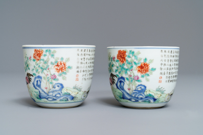 A pair of Chinese famille rose 'chicken' cups, Qianlong mark, late Qing or Republic