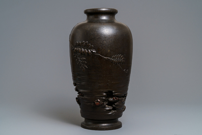 A large Japanese bronze vase with crab-fishing children, seal mark, Meiji, 19th C.