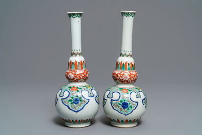 A pair of Chinese famille verte double gourd vases, Kangxi