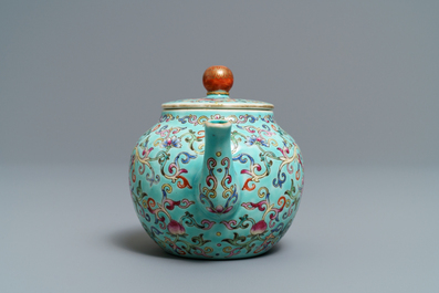 A Chinese turquoise-ground famille rose teapot, Jiaqing mark, Republic, 20th C.