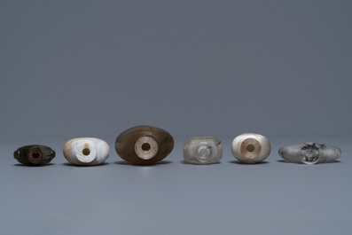 Six Chinese needle quartz and agate snuff bottles, 19/20th C.