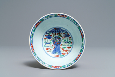 A Chinese wucai 'Buddhist' emblems bowl, Shunzhi, Transitional period