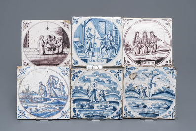 A collection of 54 biblical Dutch Delft blue and white and manganese tiles, 18th C.