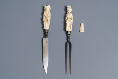 A pair of Hispano-Philippine or Indo-Portuguese erotical ivory-handled knife and fork, 17th C.