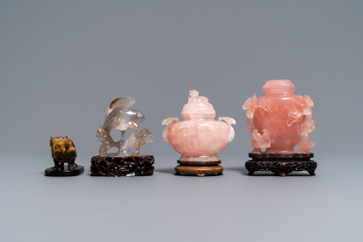 Twelve Chinese hardstone sculptures and a plaque mounted in a wooden table screen, 19/20th C.