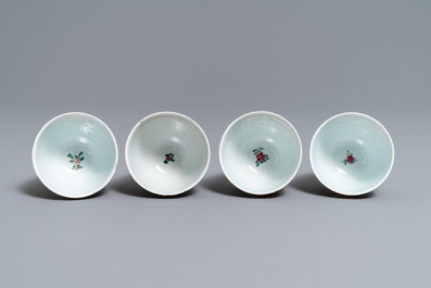 Four Chinese famille rose cups and saucers with animals, Qianlong