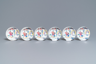 Une th&eacute;i&egrave;re, six soucoupes et trois tasses en porcelaine de Chine famille rose, Yongzheng/Qianlong