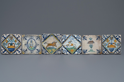 Sixteen polychrome Dutch Delft tiles with birds and flowers, 16/17th C.