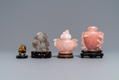 Twelve Chinese hardstone sculptures and a plaque mounted in a wooden table screen, 19/20th C.