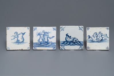 Eight Dutch Delft blue and white and manganese tiles with ships and sea creatures, 17/18th C.
