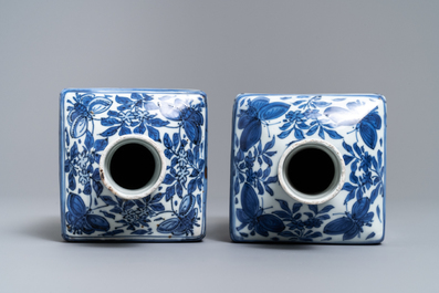 A pair of square Chinese blue and white 'immortals' tea caddies, Wanli