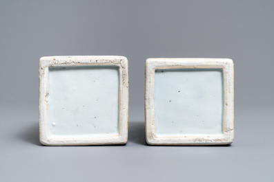 A pair of square Chinese blue and white 'immortals' tea caddies, Wanli