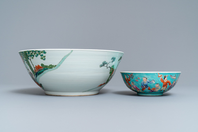 Six various Chinese famille rose and verte bowls, 19/20th C.