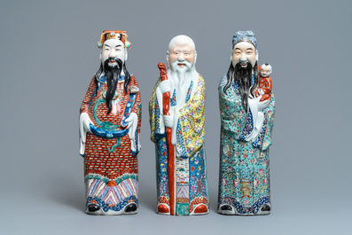 Three Chinese famille rose figures of the three star gods, 19/20th C.