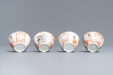 Four Chinese famille rose 'mandarin' cups and saucers, Qianlong