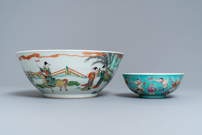 Six various Chinese famille rose and verte bowls, 19/20th C.