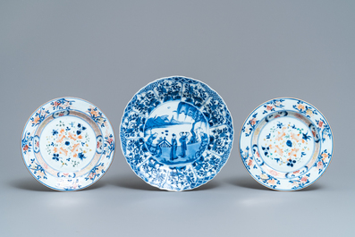 Eight Chinese blue and white and famille rose cups and saucers and three plates, Kangxi/Qianlong