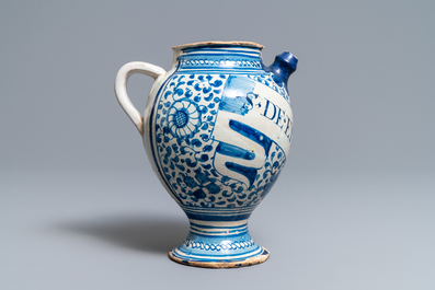 A blue and white Antwerp maiolica wet drug jar, dated 1609