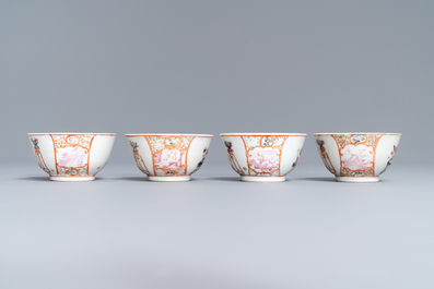 Four Chinese famille rose 'mandarin' cups and saucers, Qianlong