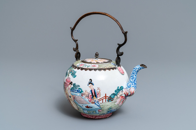 A Chinese Canton enamel kettle with figures in a garden, Yongzheng