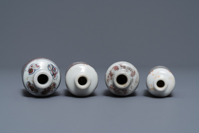 Four Chinese iron- and copper-red porcelain 'dragon' snuff bottles, 19/20th C.