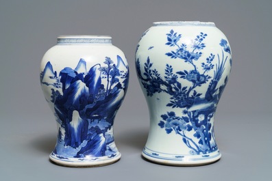 Twee Chinese blauw-witte vazen met een landschap en met vogels bij bloesems, Kangxi