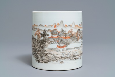 A Chinese grisaille and iron red brush pot, Ju Ren Tang mark, Republic