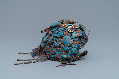 A Chinese ceremonial 'fengguang' coral- and silver-embellished kingfisher feather headdress, 19th C.