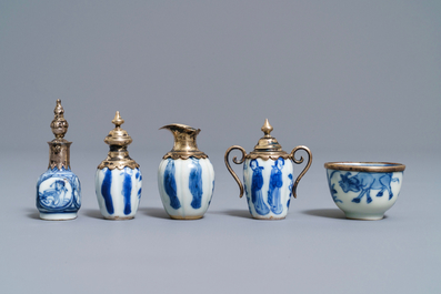 Ten Chinese silver-mounted blue and white miniature vases, Kangxi