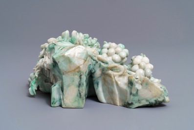 A Chinese jadeite carving of two cats among grapes and flowers, 20th C.