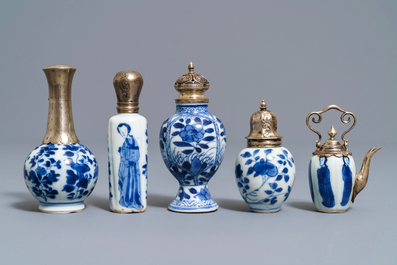 Ten Chinese silver-mounted blue and white miniature vases, Kangxi