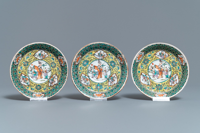 A Chinese yellow-ground famille verte tea service, 19th C.