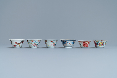 Six Chinese famille rose and Imari-style cups and saucers, Yongzheng/Qianlong