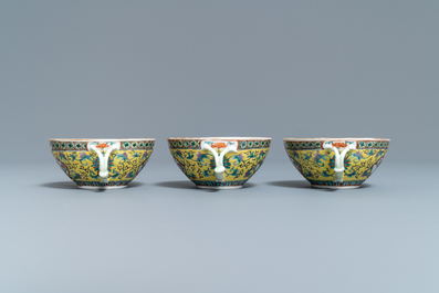 A Chinese yellow-ground famille verte tea service, 19th C.