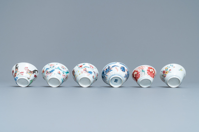 Six Chinese famille rose and Imari-style cups and saucers, Yongzheng/Qianlong