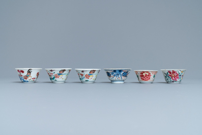 Six Chinese famille rose and Imari-style cups and saucers, Yongzheng/Qianlong