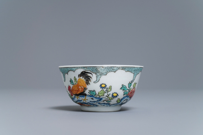 A fine Chinese famille rose eggshell 'rooster' cup and saucer, Yongzheng