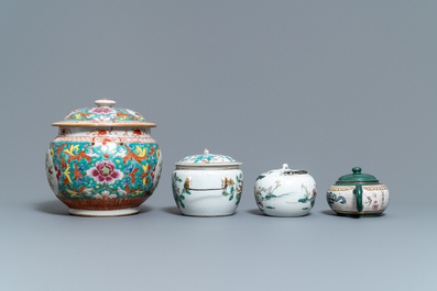 A collection of Chinese famille rose porcelain and a Yixing stoneware teapot, 18/19th C.