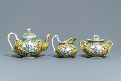 A Chinese yellow-ground famille verte tea service, 19th C.